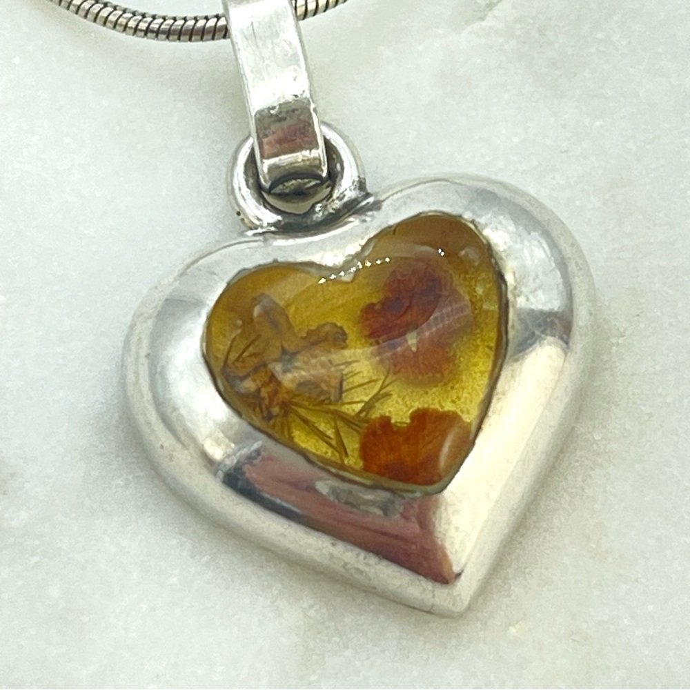 Silver ‘Forget Me Not’ Flower Heart Charm Pendant Necklace, Sterling Snake Chain - Picture 8 of 14